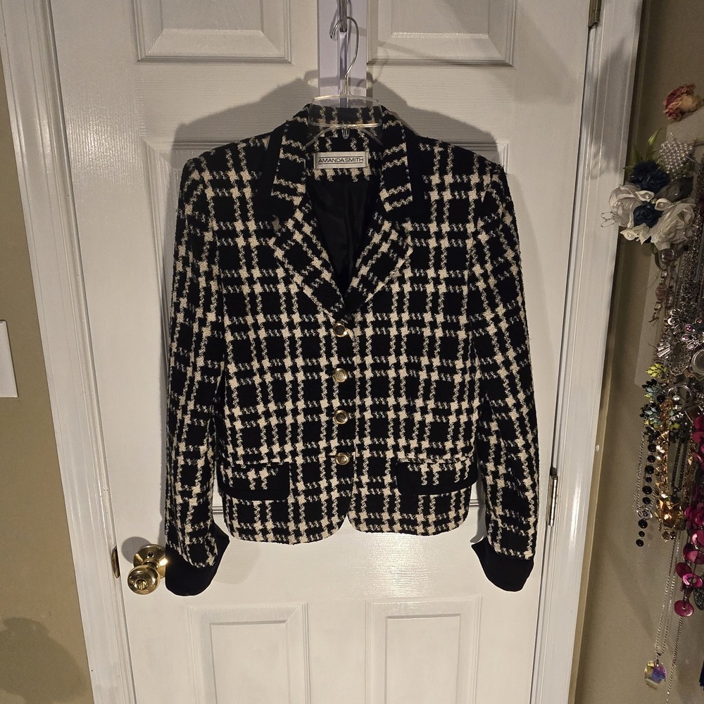 Amanda Smith Vintage Plaid Wool Blend Skirt Suit Blazer Set Black White Size 12
